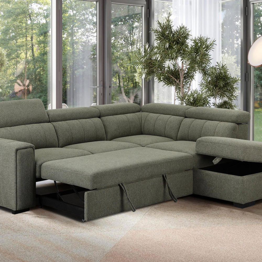 Green sectional sofa with storage drawers in a living room setting.