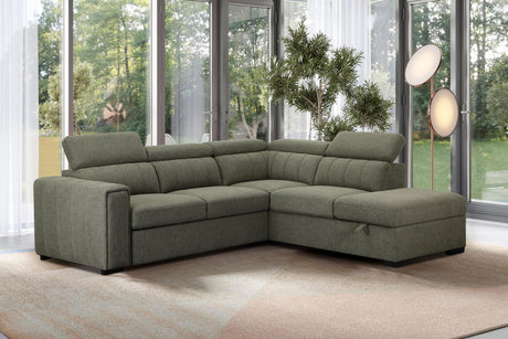 Green sectional sofa in a living room with large windows and plants.