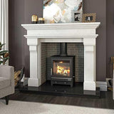 marble fireplace with inset wood burning stove against brick interior, modern living room decor