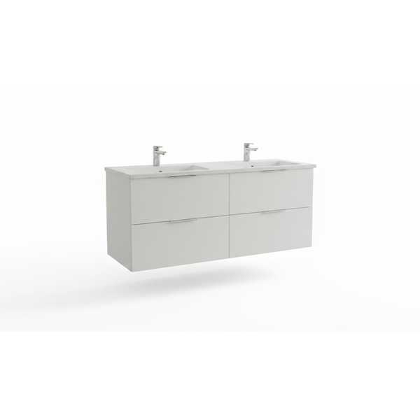 Matt white wall-hung bathroom vanity unit with four drawers and minimalist design
