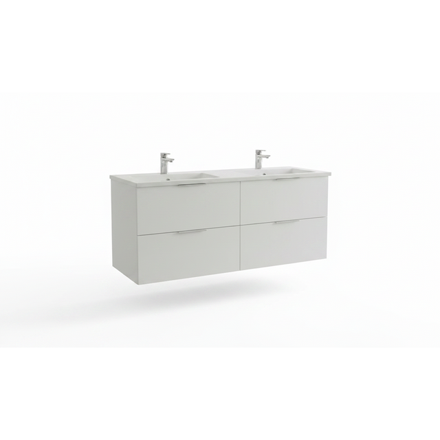 Matt white wall-hung bathroom vanity unit with four drawers and minimalist design