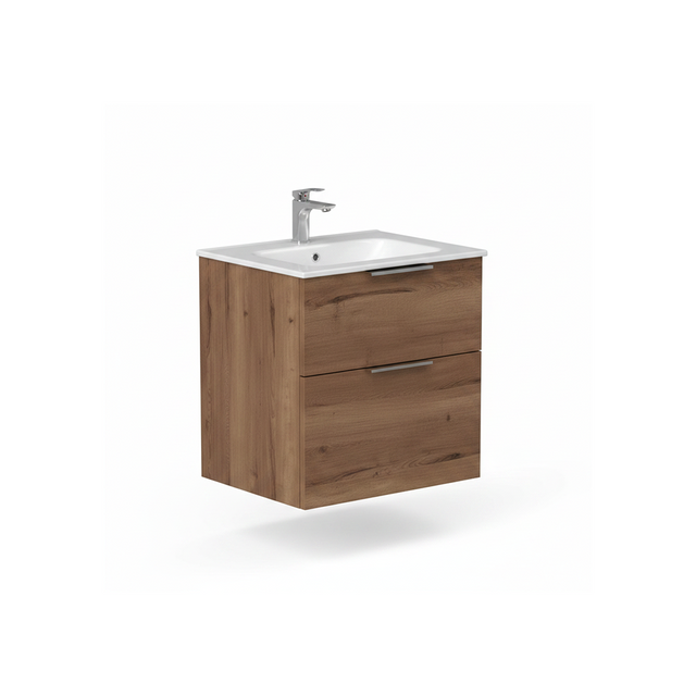 Tobacco oak wall hung bathroom vanity unit with two drawers | Home Centre Direct UK