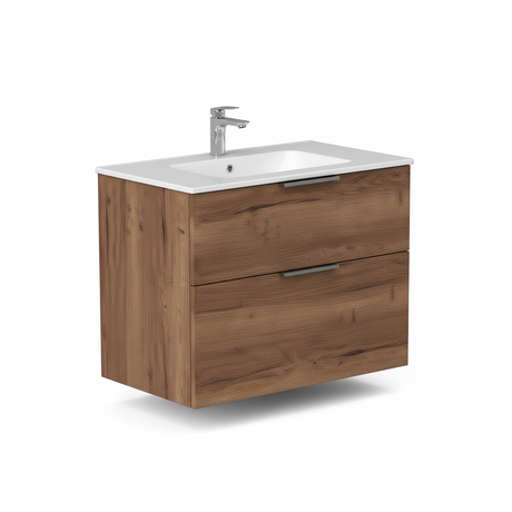 Warm tobacco oak wall hung vanity unit with two drawers and natural wood grain finish | Home Centre Direct UK