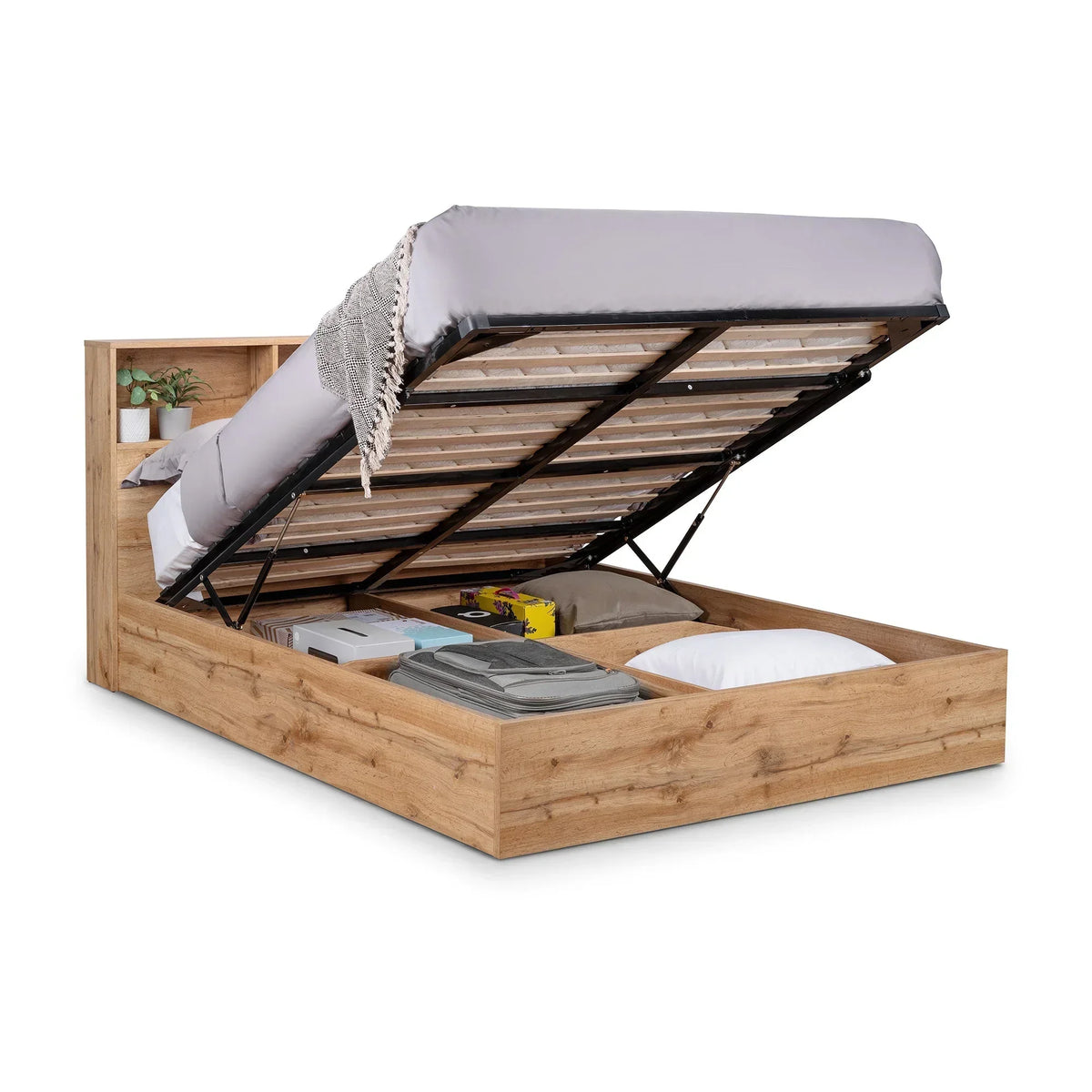 Natural oak ottoman storage bed with open lift-up mattress frame and organized storage space