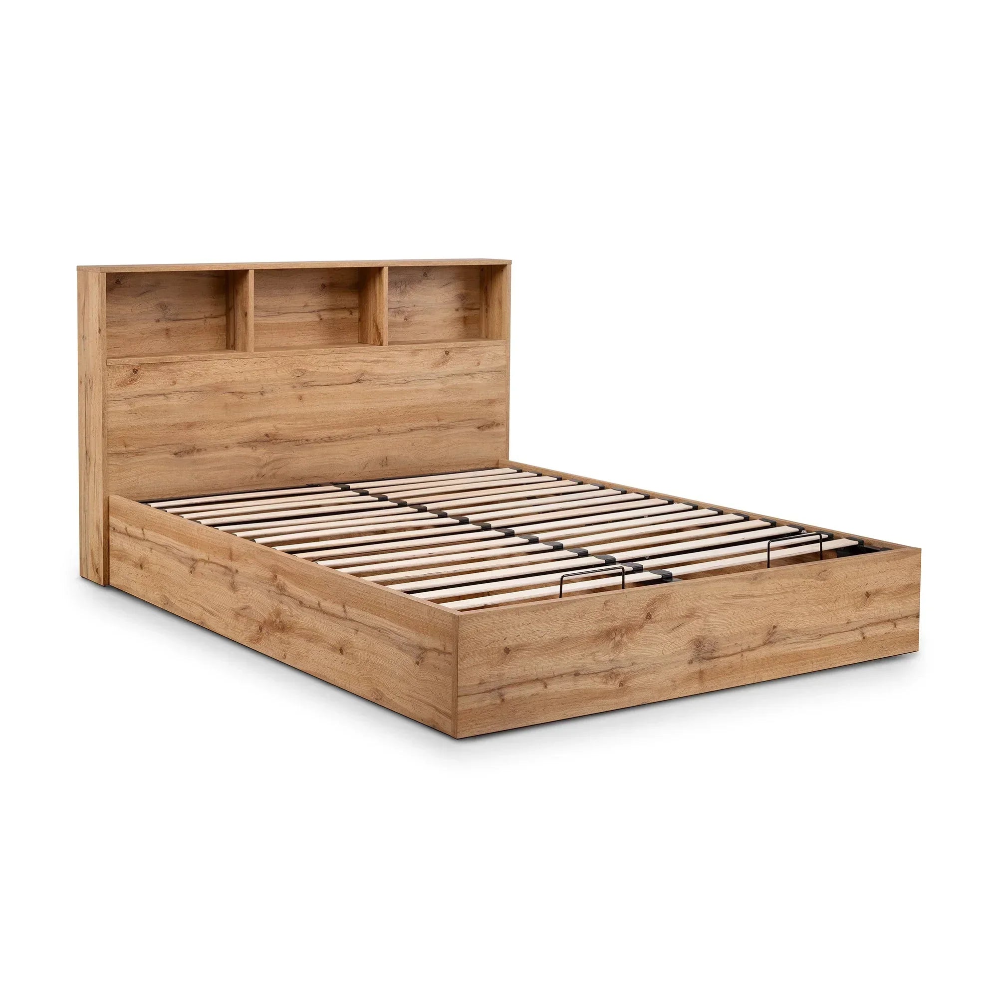 Natural oak ottoman storage bed frame with open headboard shelves and slatted base