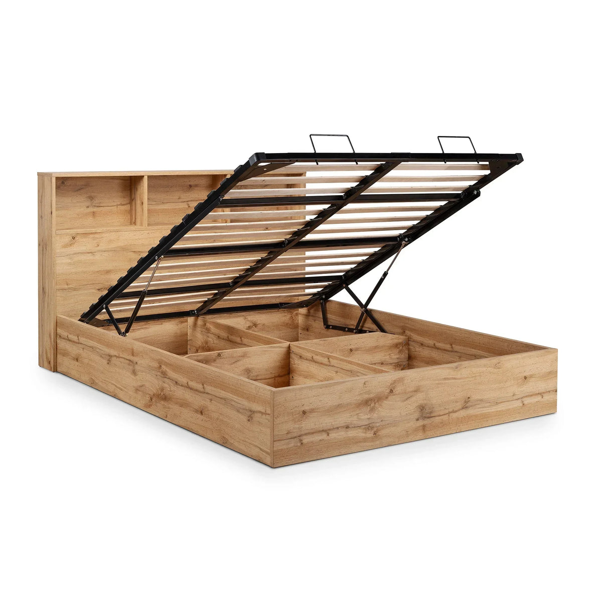 Natural oak ottoman storage bed with open lift-up slatted frame and storage compartments
