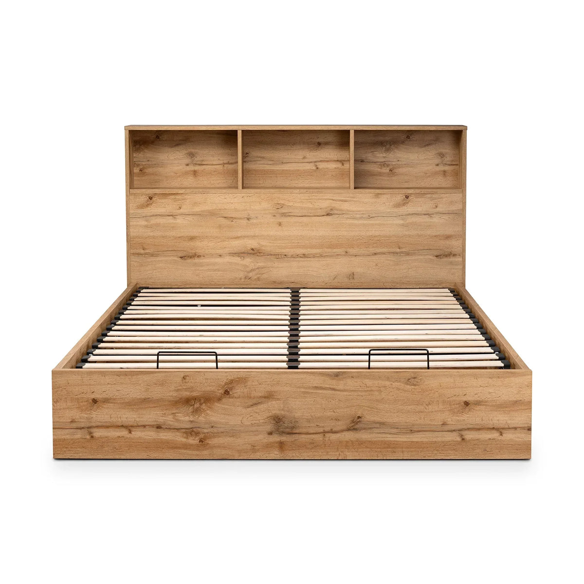 Natural oak ottoman storage bed frame with slatted base and open shelf headboard, front view