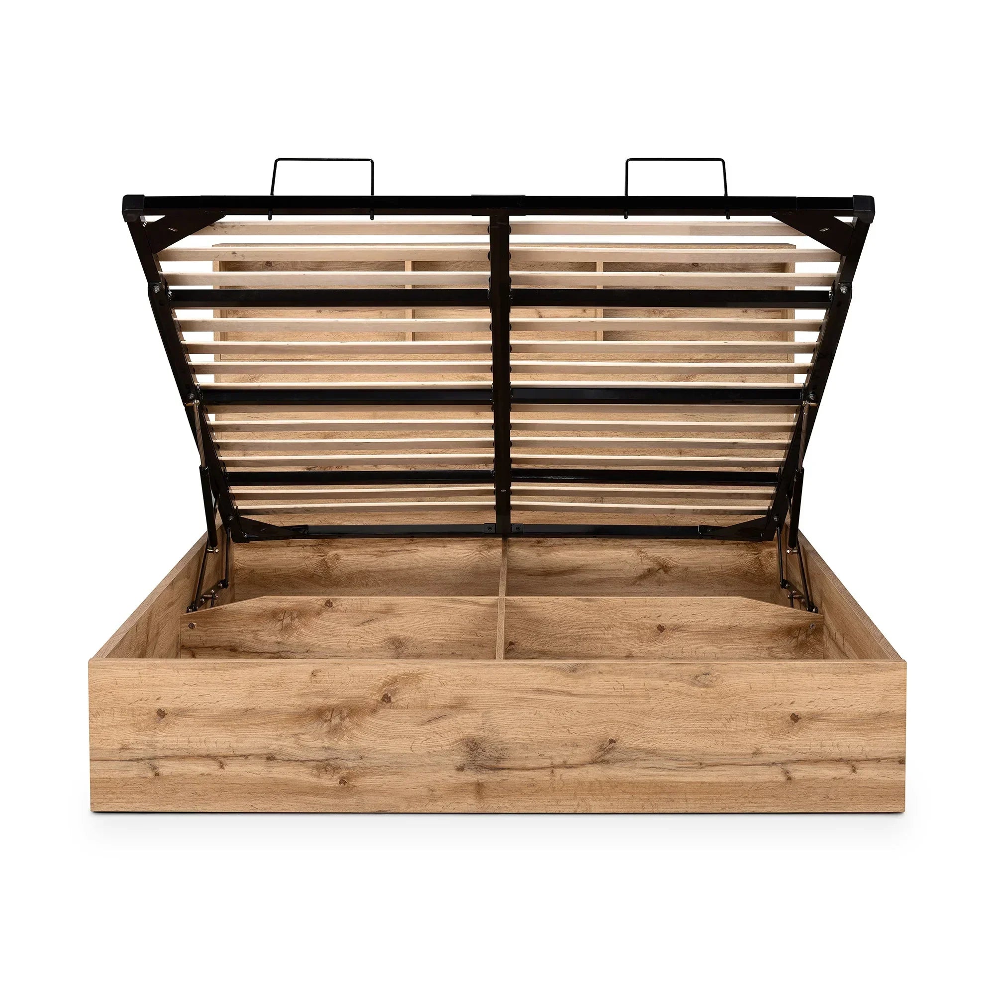 Natural oak ottoman storage bed with open lift-up slatted frame and underbed compartments