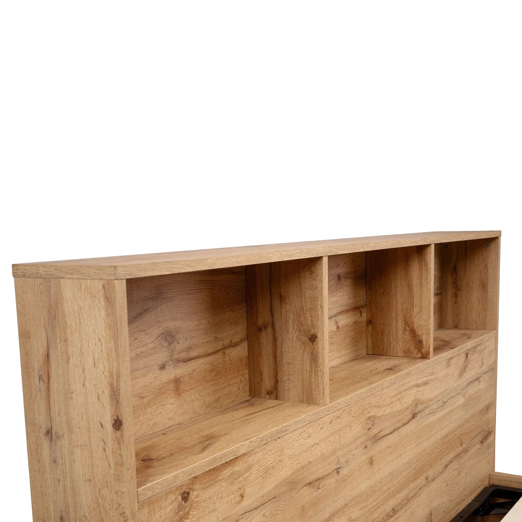 Natural oak ottoman storage bed headboard with open shelving compartments