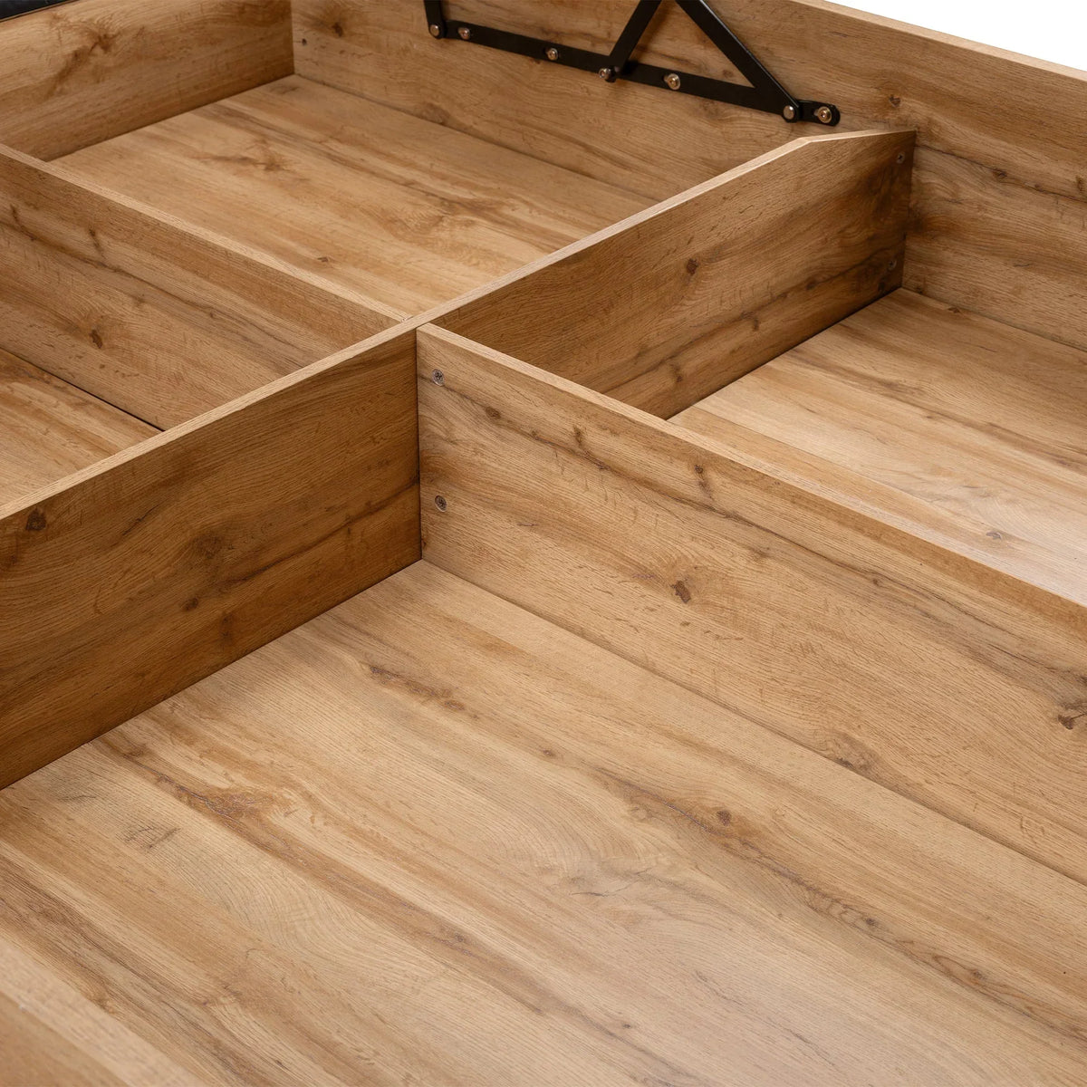 Natural oak ottoman storage bed with sectioned wooden interior compartments