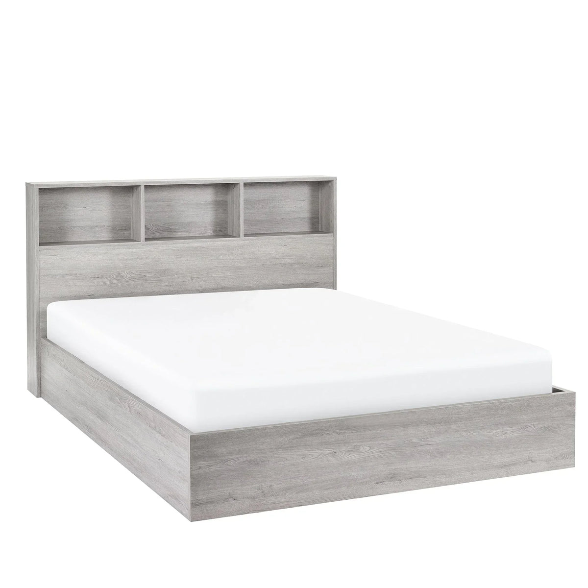 Grey oak double bed with ottoman storage and bookshelf headboard on white background