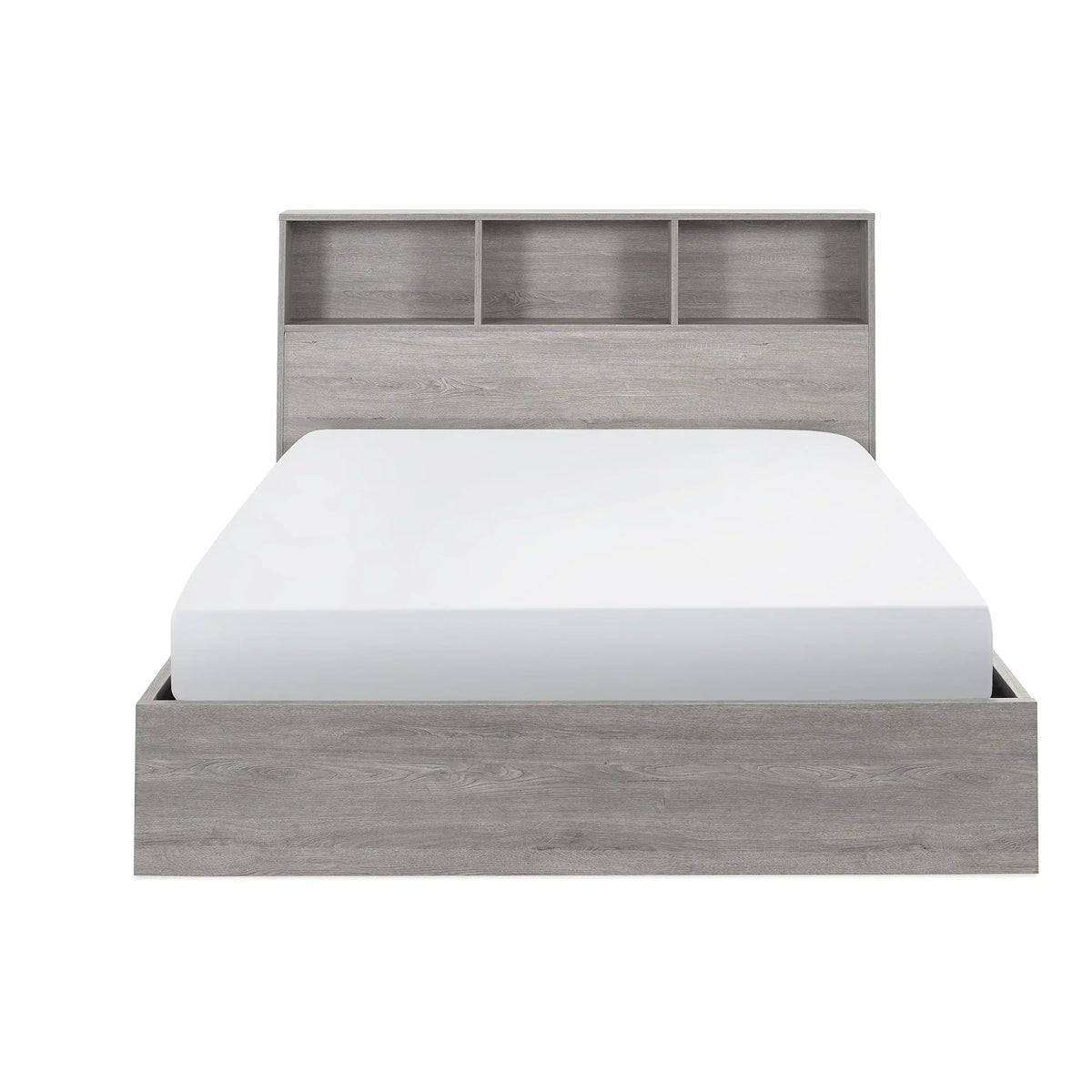 Grey oak double ottoman storage bed with three headboard shelves, front view