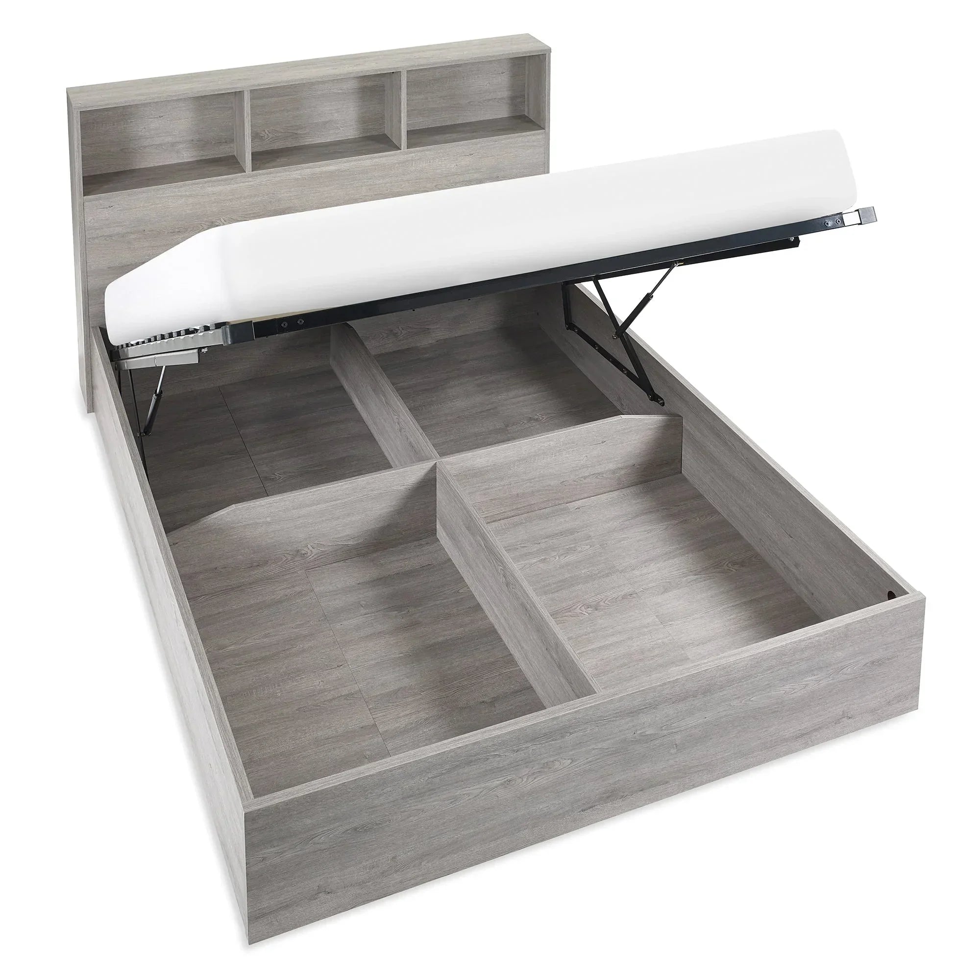Grey oak storage double bed with open lift-up base and built-in headboard shelving compartments