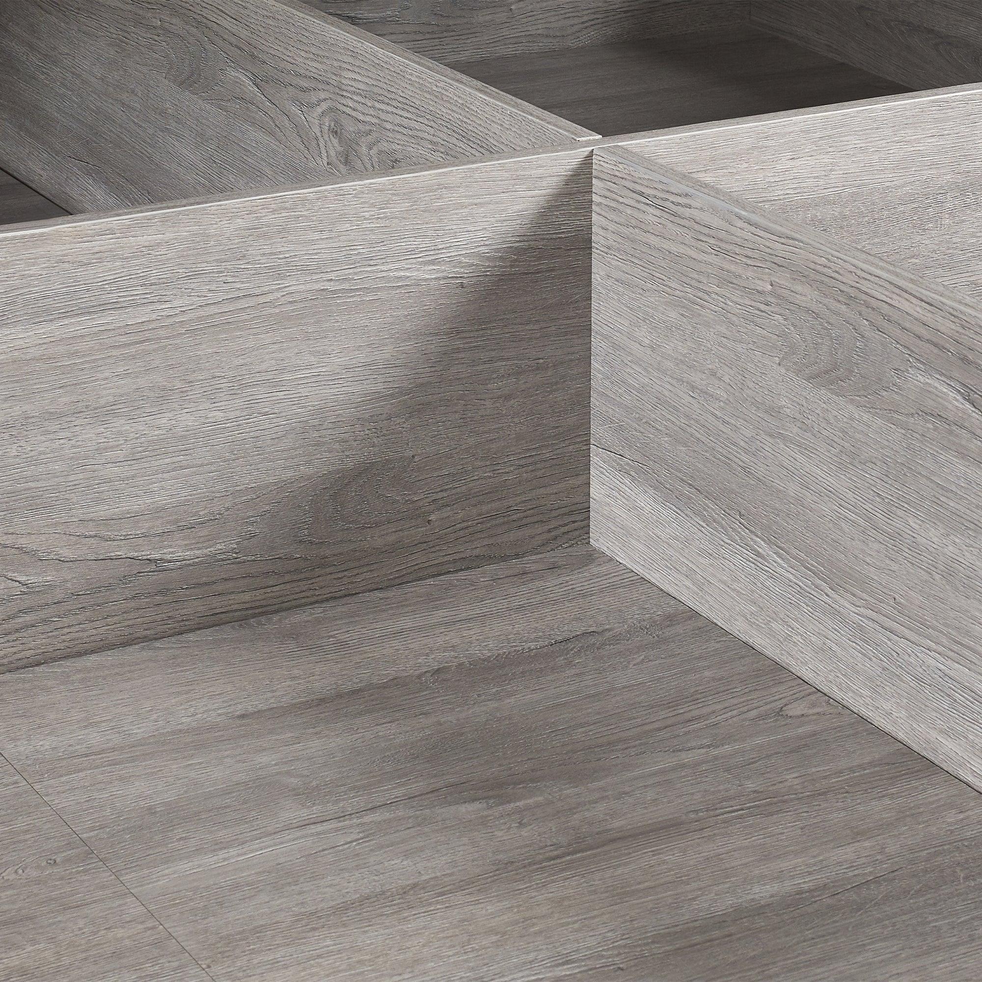 Grey oak ottoman storage bed interior with wood grain finish and divided compartments