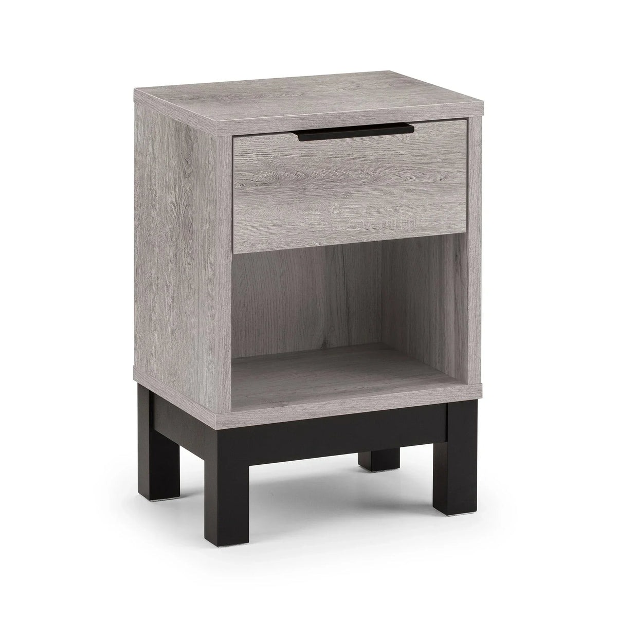 Grey oak bedside table with one drawer, open shelf, and black legs on white background