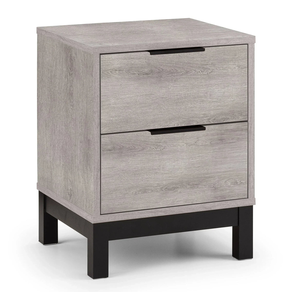 Grey oak 2 drawer bedside table with black legs and cutout handles