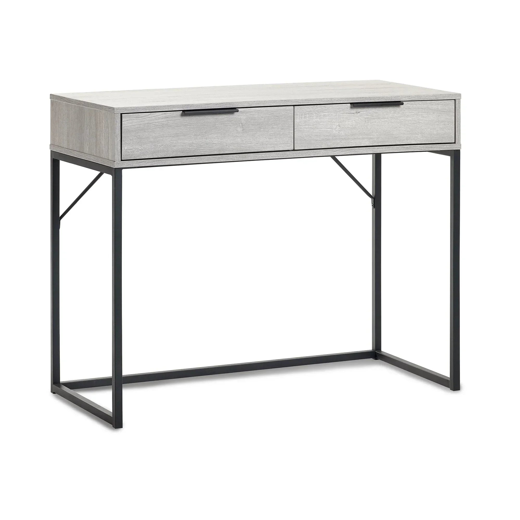 Grey oak dressing table desk with black metal frame and two drawers on white background