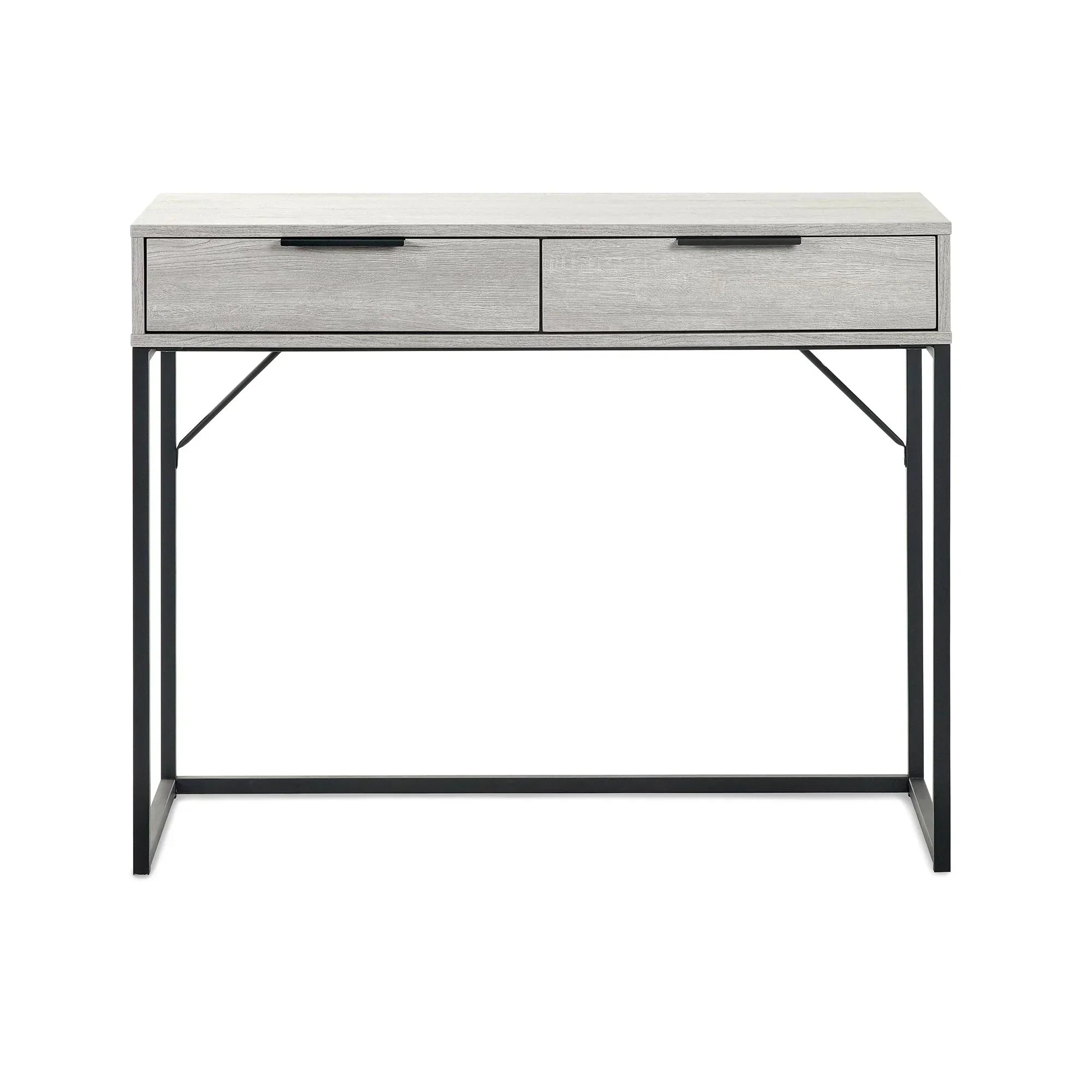 Grey oak dressing table desk with two drawers and black metal legs, front view