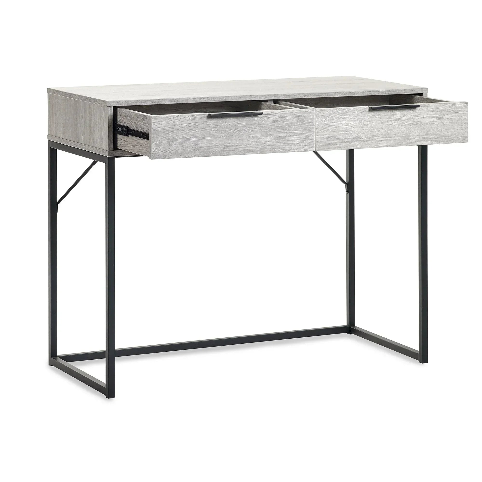 Grey oak dressing table desk with two open drawers and black metal frame