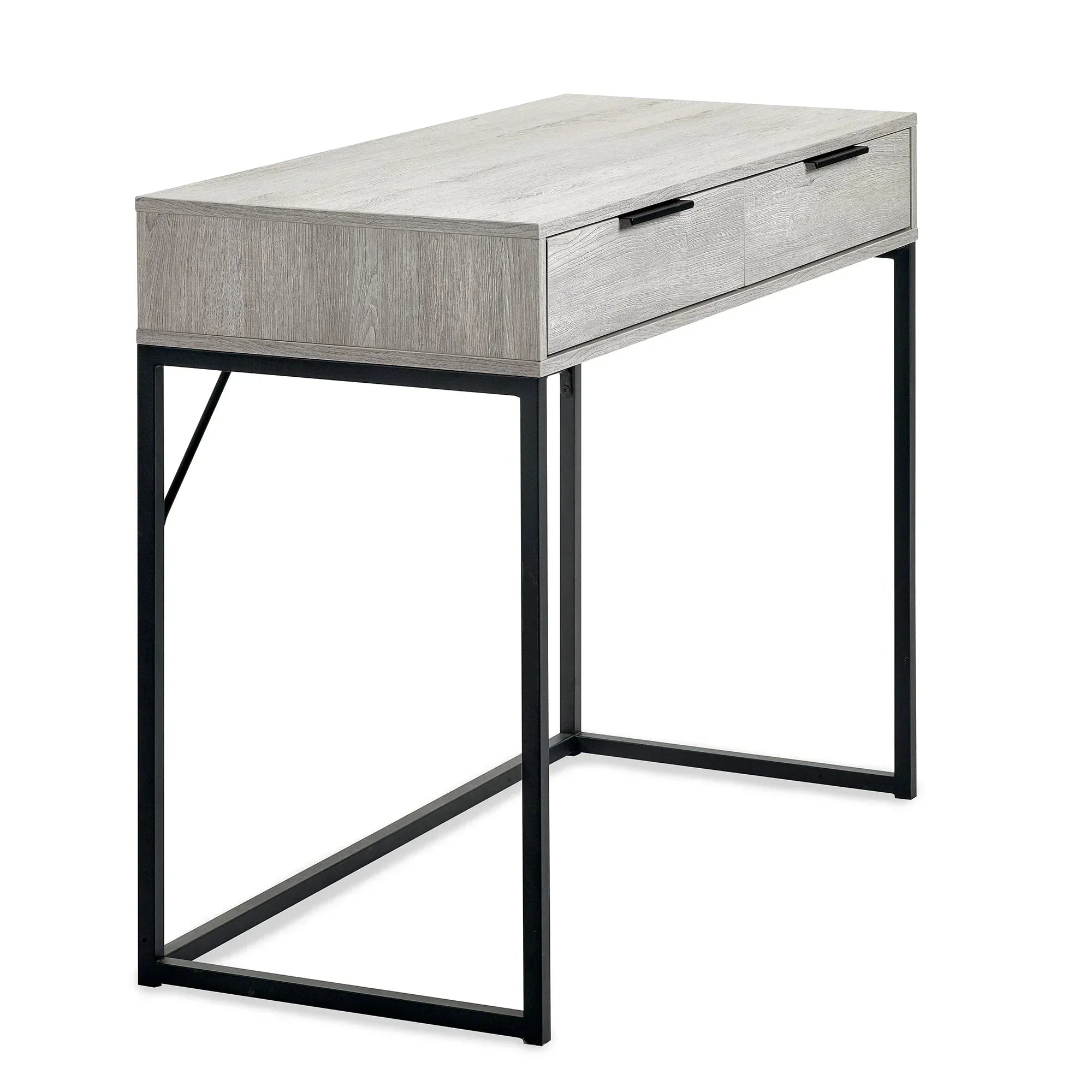 Grey oak dressing table desk with two drawers and black metal frame, angled side view