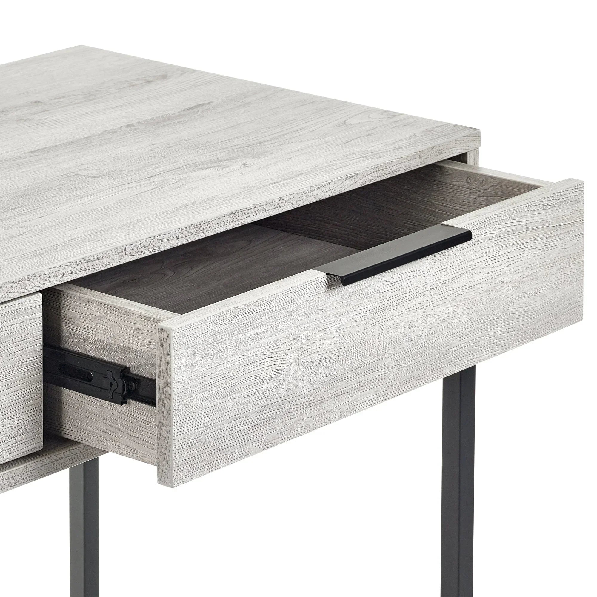Grey oak dressing table desk corner with open drawer and black metal handle