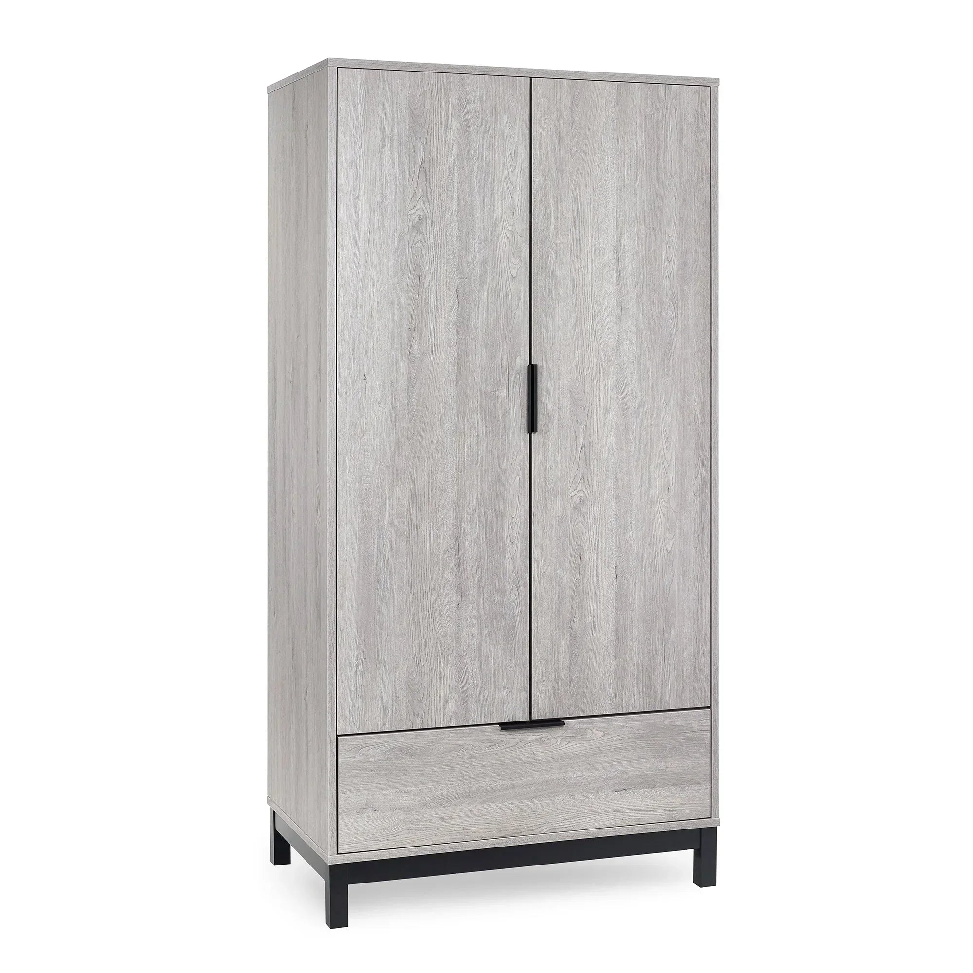 Light grey wood wardrobe with two doors, single bottom drawer and black handles