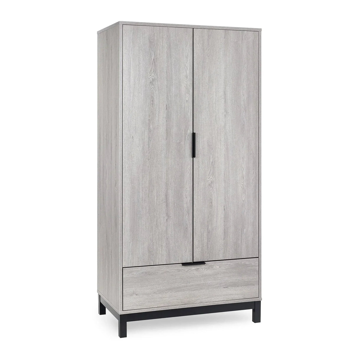Light grey wood wardrobe with two doors, single bottom drawer and black handles