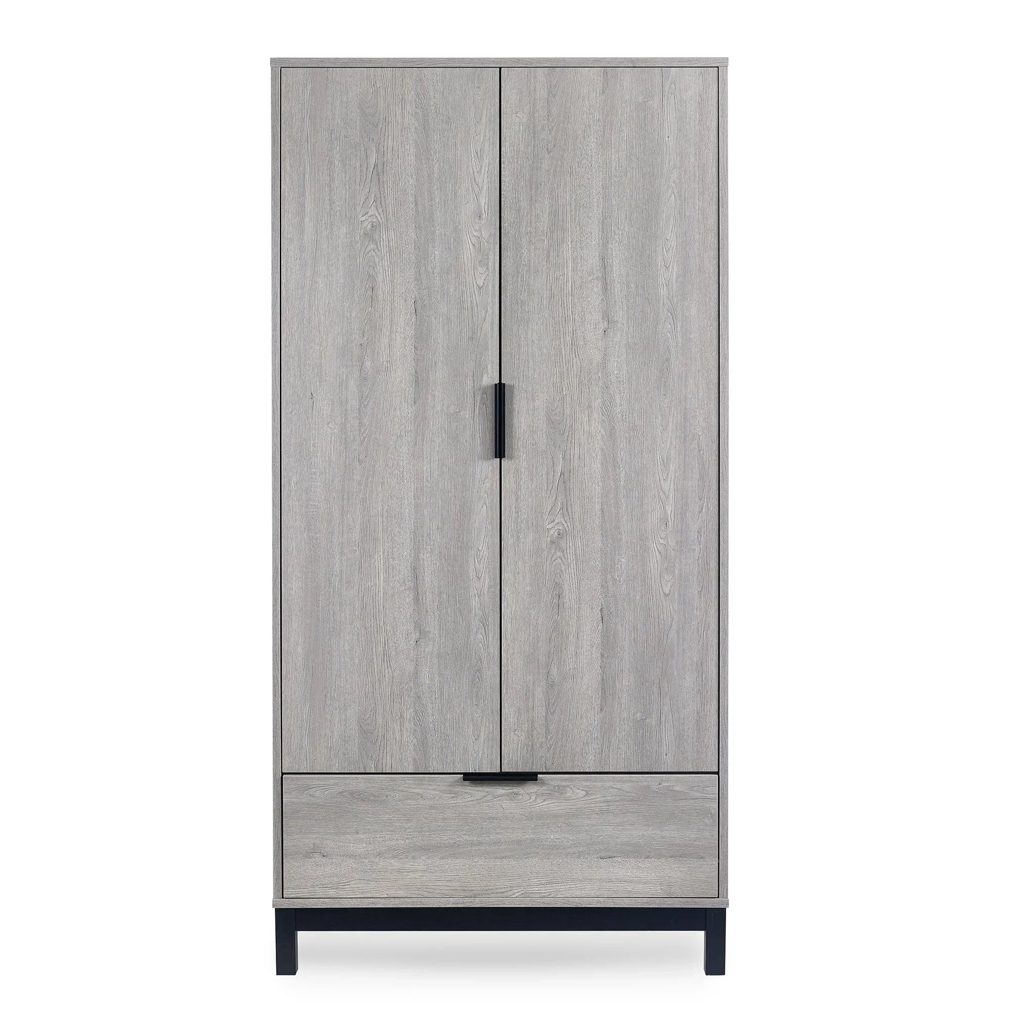 Light grey two door wardrobe with single drawer and black handles on black base