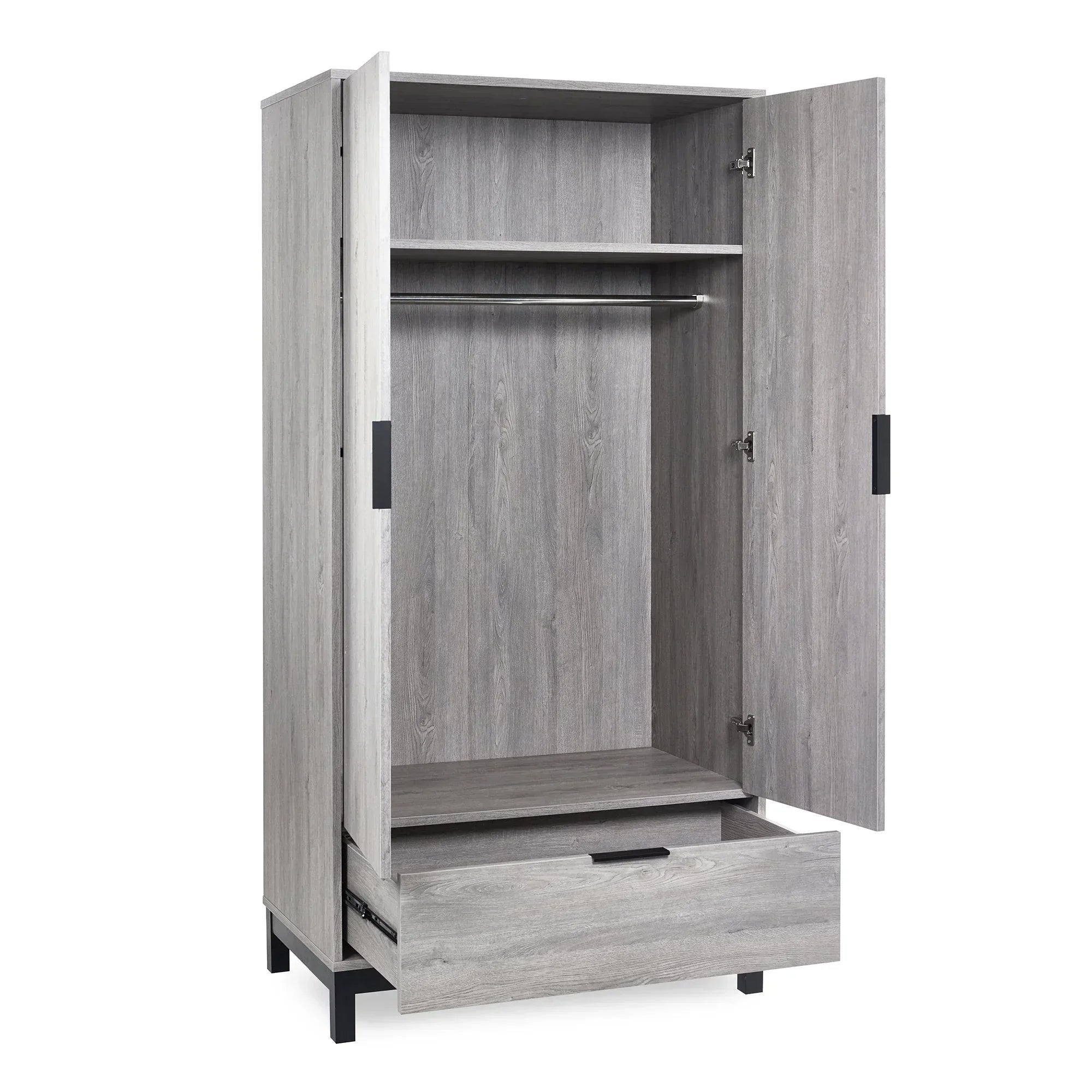 Grey two-door one-drawer wardrobe with hanging rail and open storage compartments