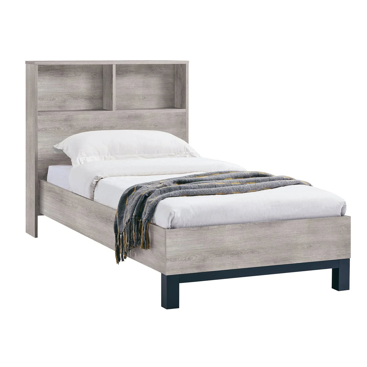 Grey oak single bed with headboard shelving and black legs, styled with bedding