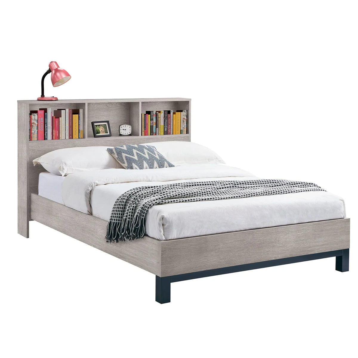 Grey oak double bed with bookcase headboard, books, lamp, and modern bedding