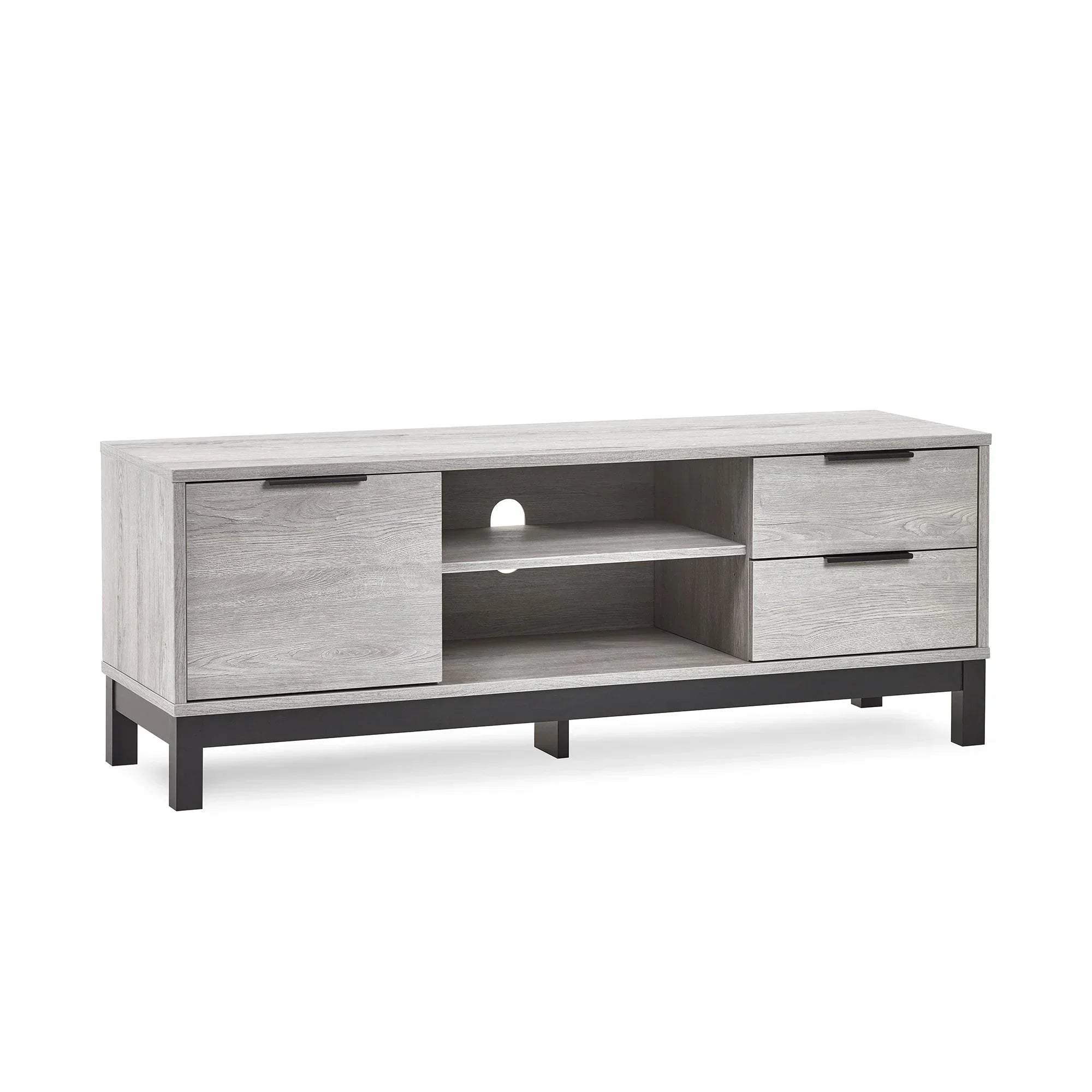 Grey oak TV unit with two drawers, cupboard, open shelving and black legs