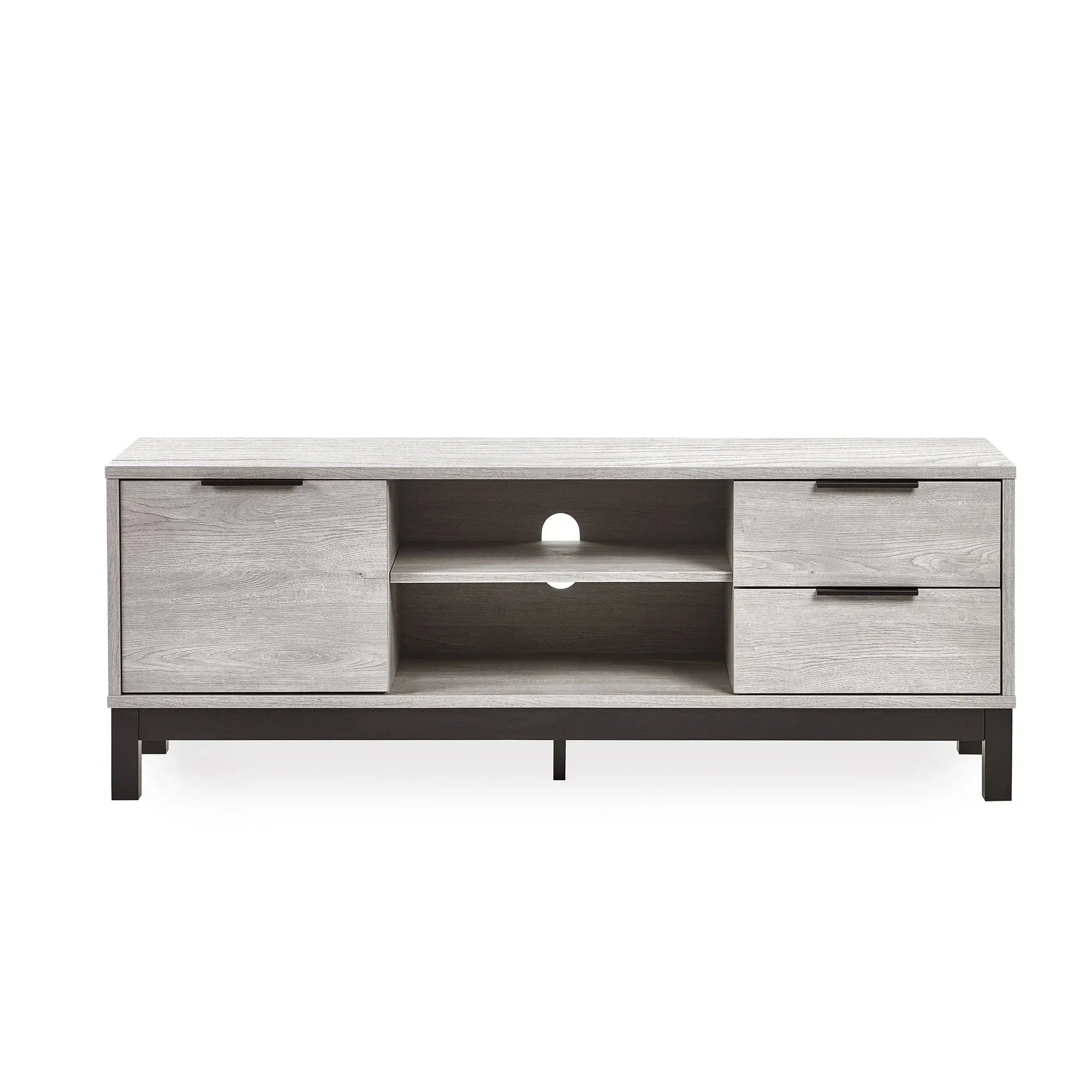 Grey oak TV unit with two drawers, cabinet, open shelves, and black metal legs