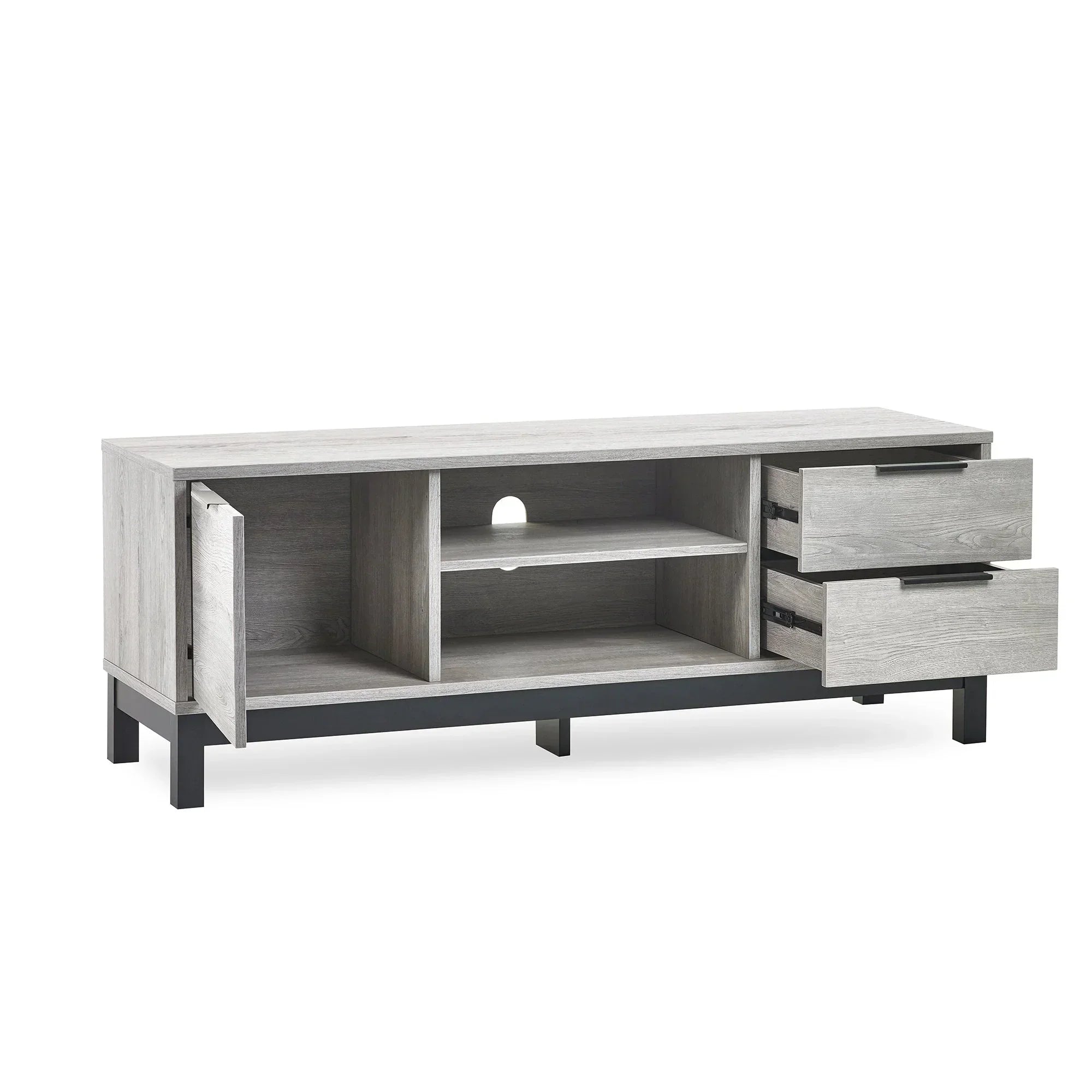 Grey oak TV unit with open shelves, two drawers, and left cupboard on black legs