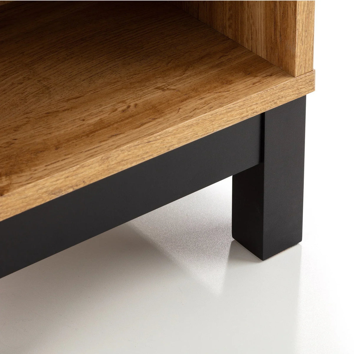 Bali 1 drawer bedside table black metal leg and oak wood shelf detail