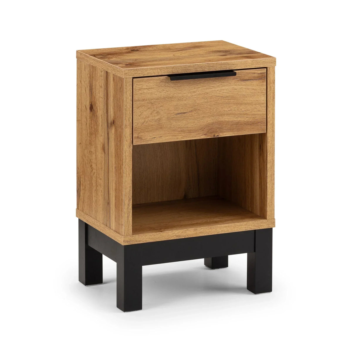 Oak bedside table with one drawer, open shelf, and black legs on white background