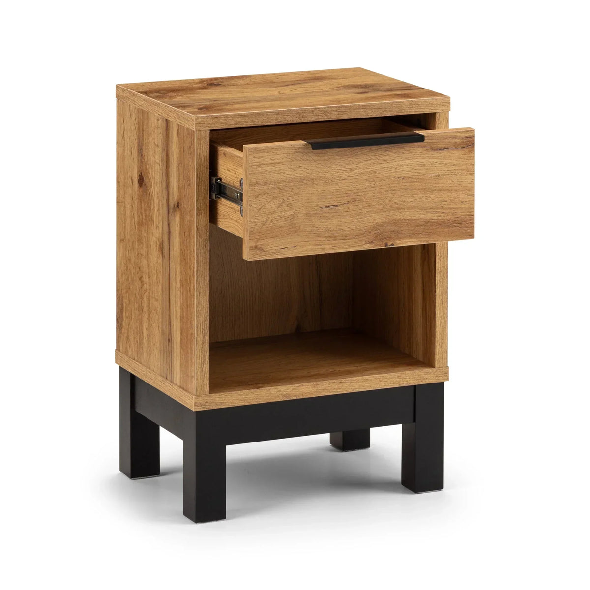Wooden bedside table with black legs, open drawer and lower shelf, three-quarter view