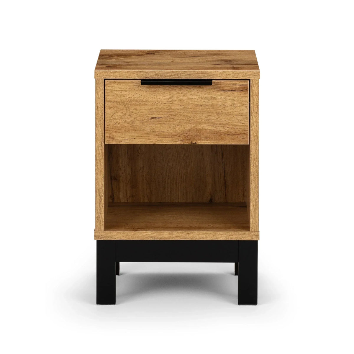 Oak effect bedside table with one drawer, open shelf and black metal legs, front view