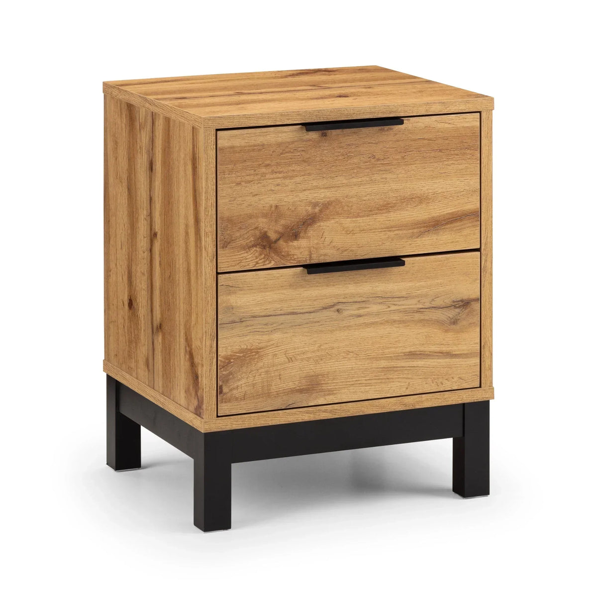 Oak bedside table with two drawers and black legs on white background