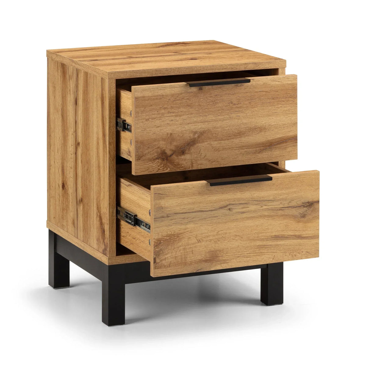 Oak wood bedside table with two open drawers and black metal legs, angled side view