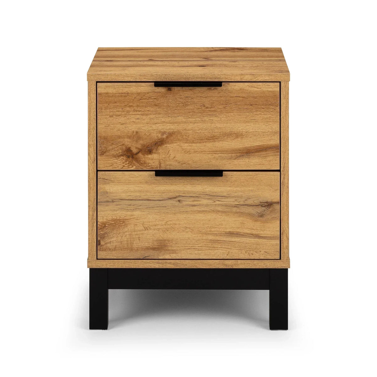 Bali 2 drawer bedside table with wood grain finish and black metal legs, front view