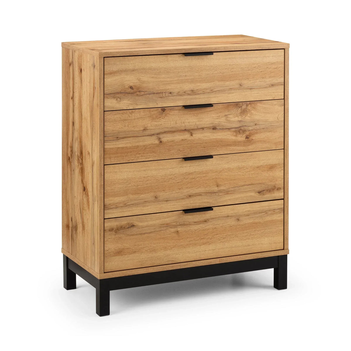 Oak finish 4 drawer chest with black metal legs and modern handles, front angle view