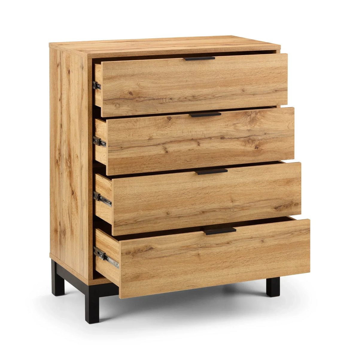 Oak effect four drawer chest with black metal legs and all drawers open, front view