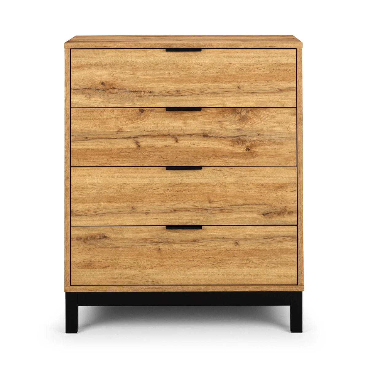 Oak four drawer chest with black handles and legs, front view
