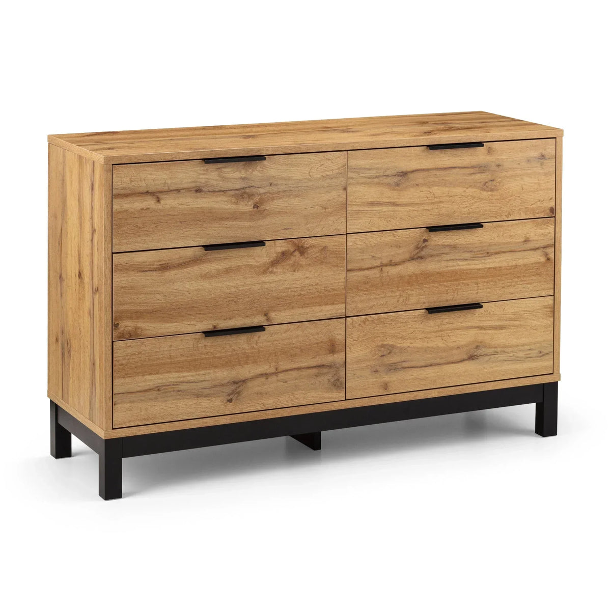Oak effect 6 drawer chest with black handles and legs, front angle view