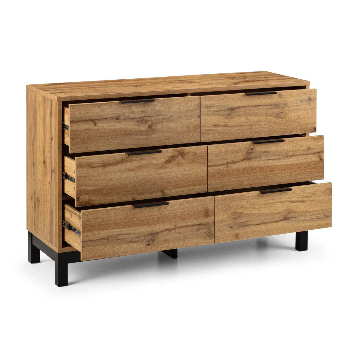 Oak wood 6 drawer chest cabinet with black legs and partially open drawers