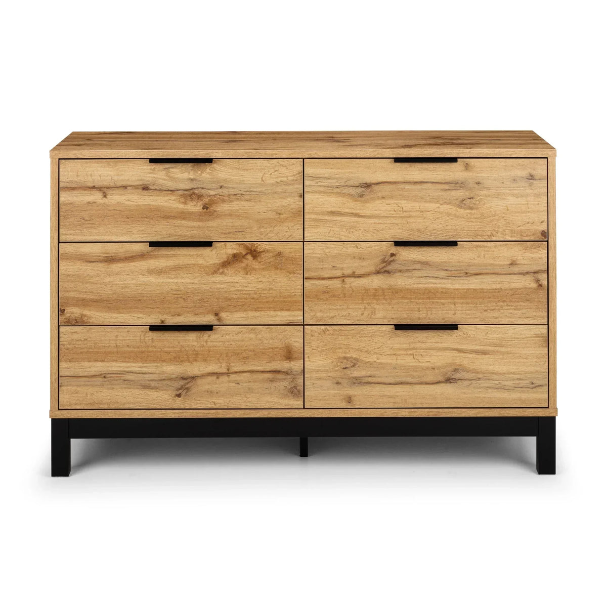 Oak effect six drawer chest with black handles and legs, front view on white background
