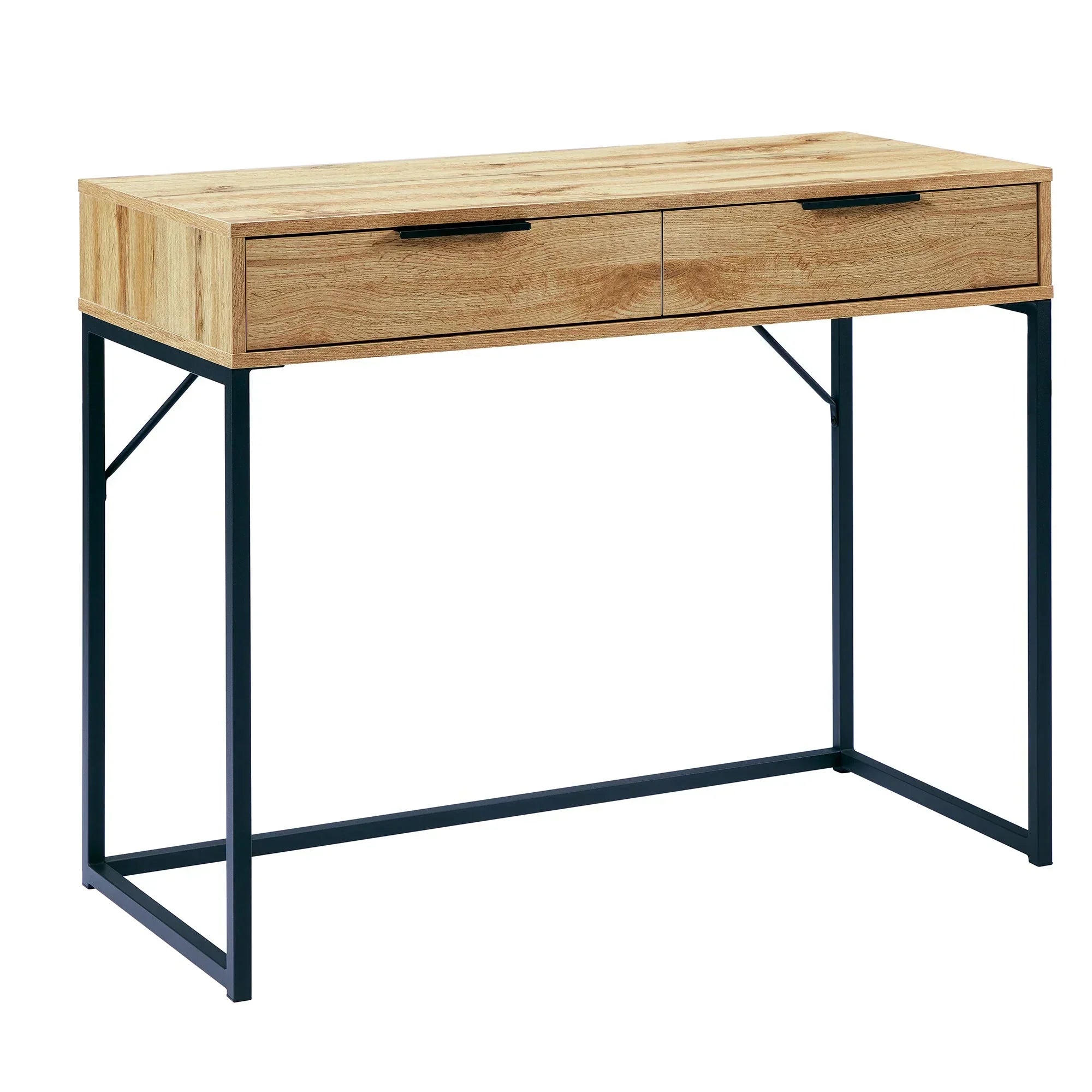 Oak dressing table desk with black metal legs and two drawers, front angle view