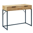 Oak dressing table desk with black metal legs and two drawers, front angle view