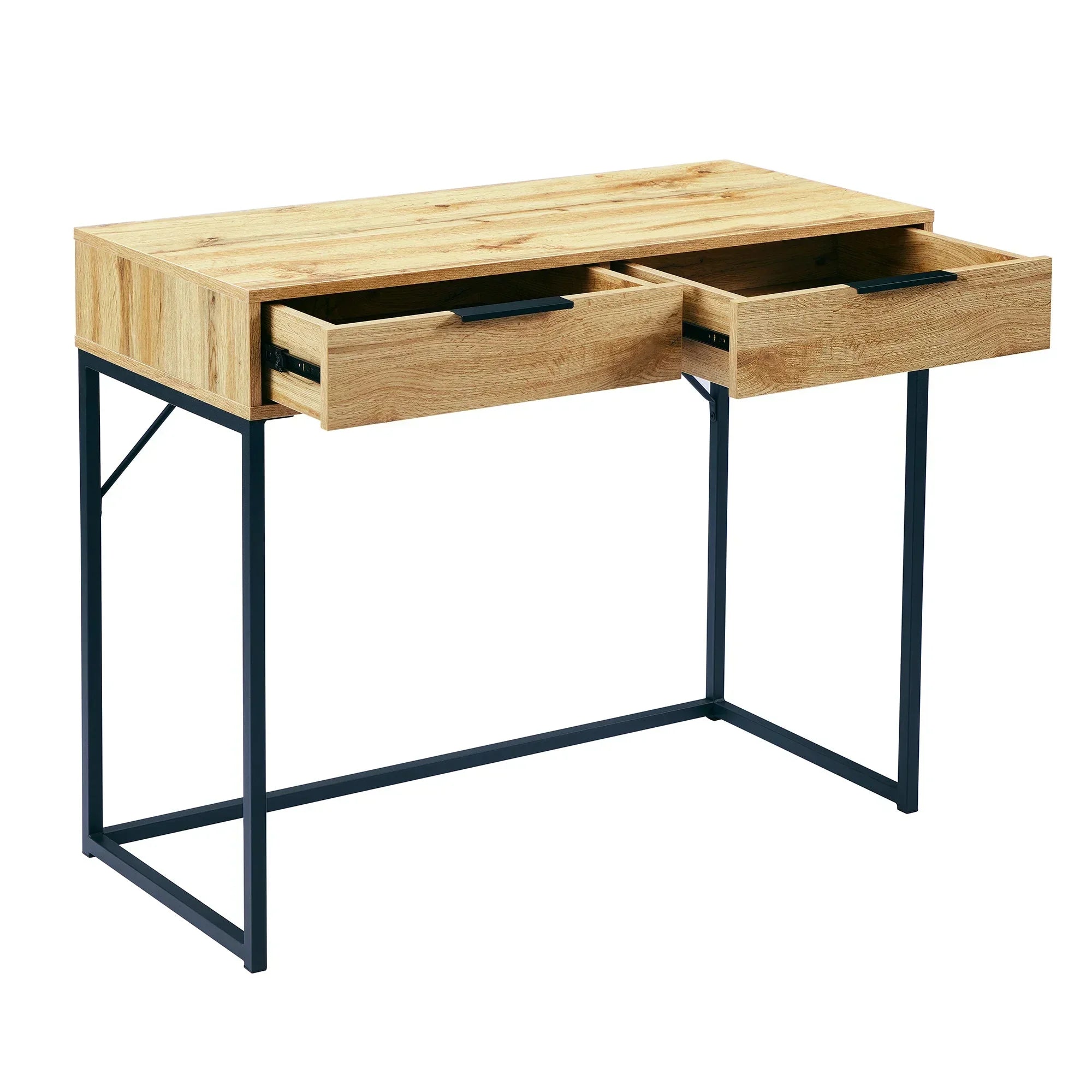 Wooden dressing table desk with black metal legs and two open drawers, angled front view